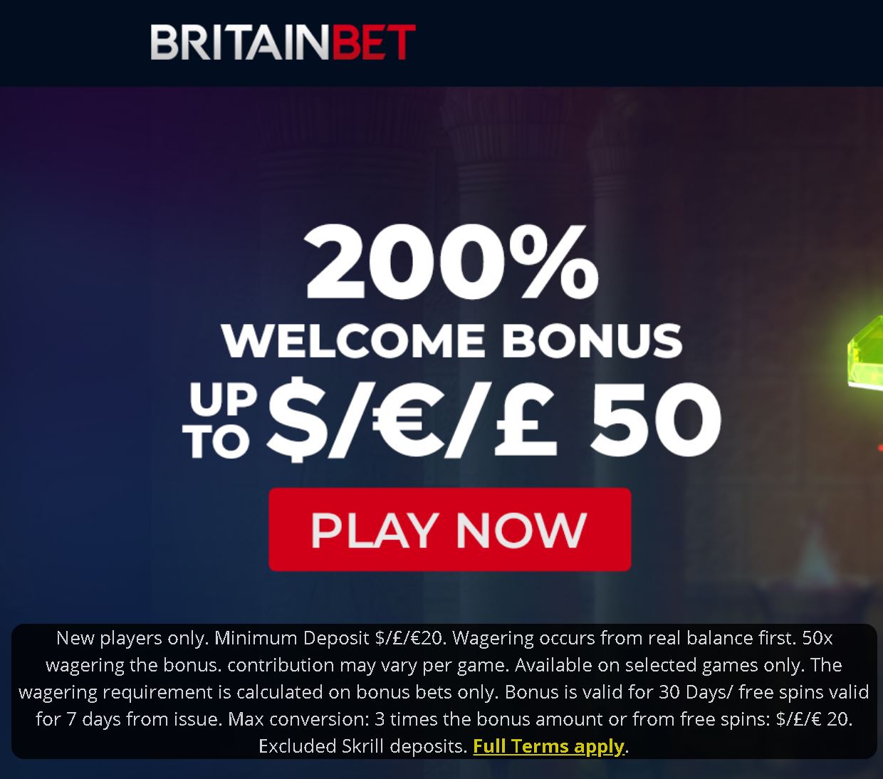 BritainBet casino sign-up offer